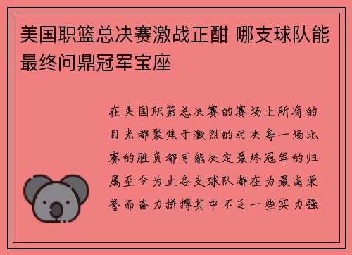 美国职篮总决赛激战正酣 哪支球队能最终问鼎冠军宝座