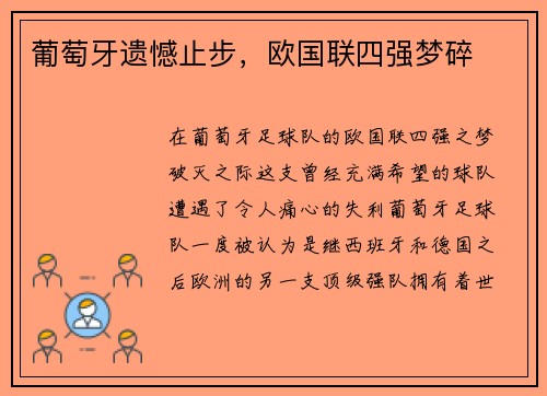 葡萄牙遗憾止步，欧国联四强梦碎