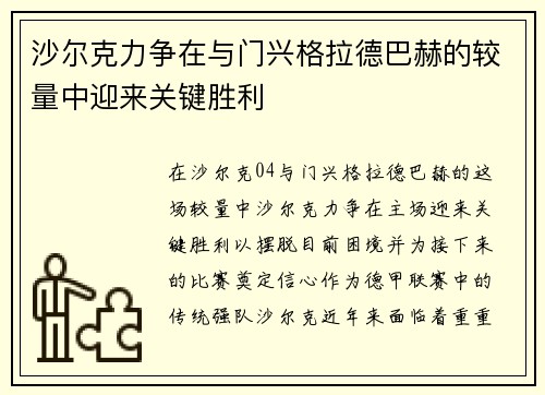 沙尔克力争在与门兴格拉德巴赫的较量中迎来关键胜利