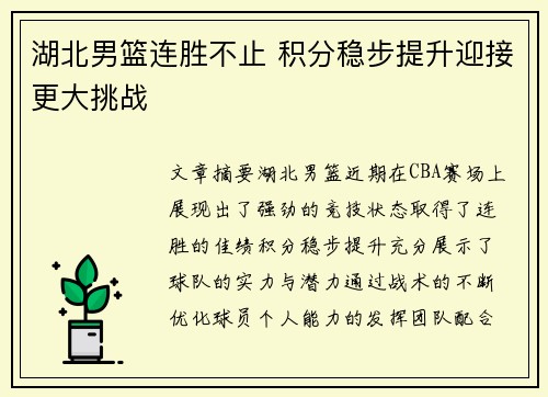 湖北男篮连胜不止 积分稳步提升迎接更大挑战