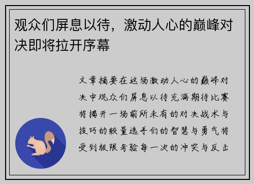 观众们屏息以待，激动人心的巅峰对决即将拉开序幕