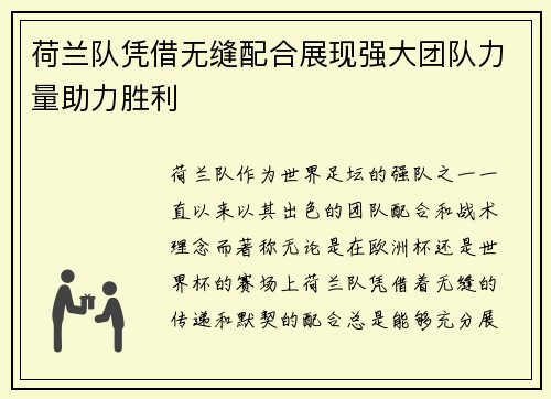 荷兰队凭借无缝配合展现强大团队力量助力胜利