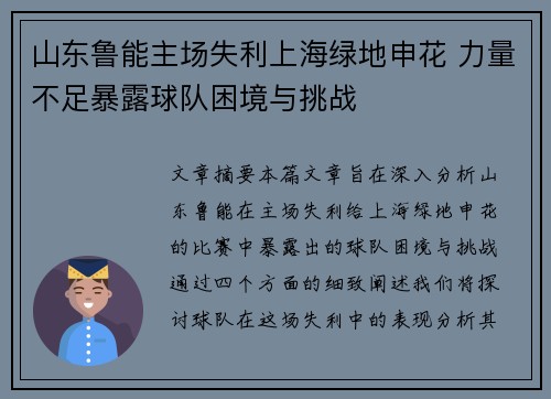 山东鲁能主场失利上海绿地申花 力量不足暴露球队困境与挑战